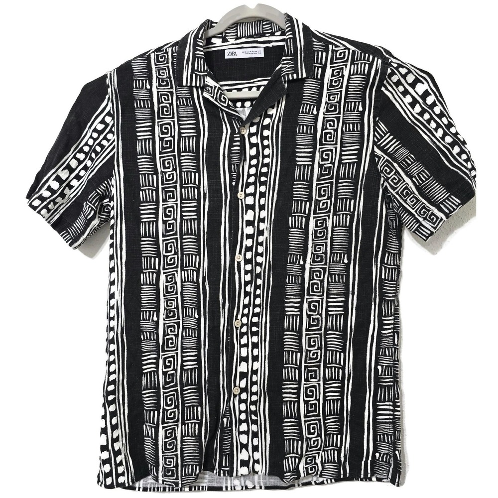 Zara Shirt Mens Medium Black Geometric Short Sleeve Button Linen‎ Tribal Casual